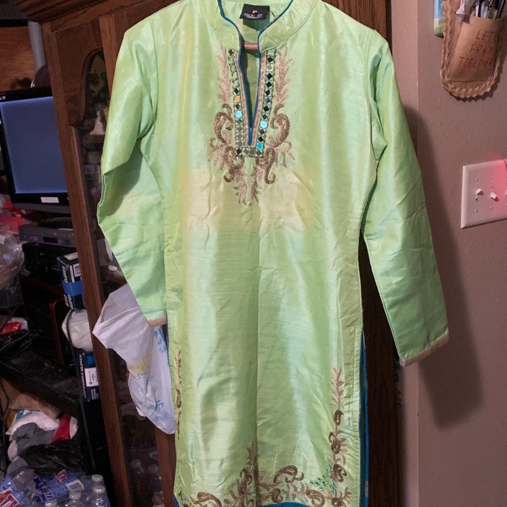 Green Embroidered Satin Blouse Designed By Rich Lady size S/M
